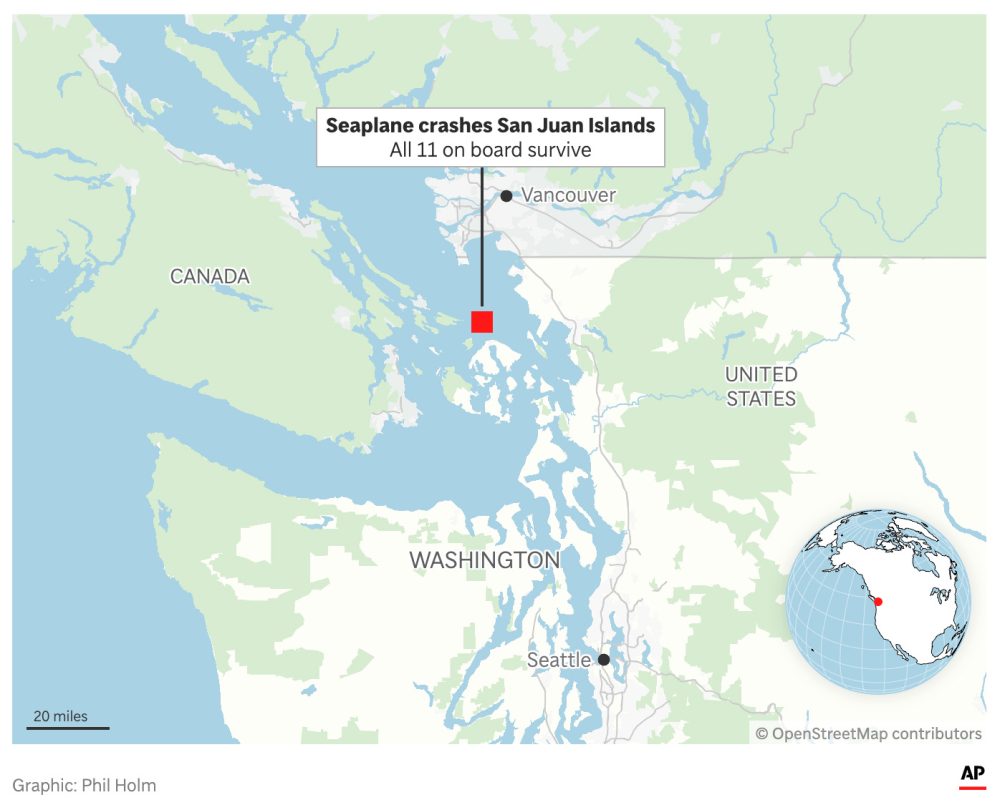 A seaplane carrying 11 crashes into an island north of Seattle and all aboard are rescued