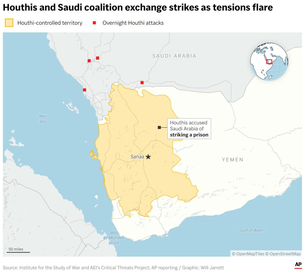 Yemen’s Houthi rebels say Saudi-backed forces launched airstrikes, and other key Mideast news